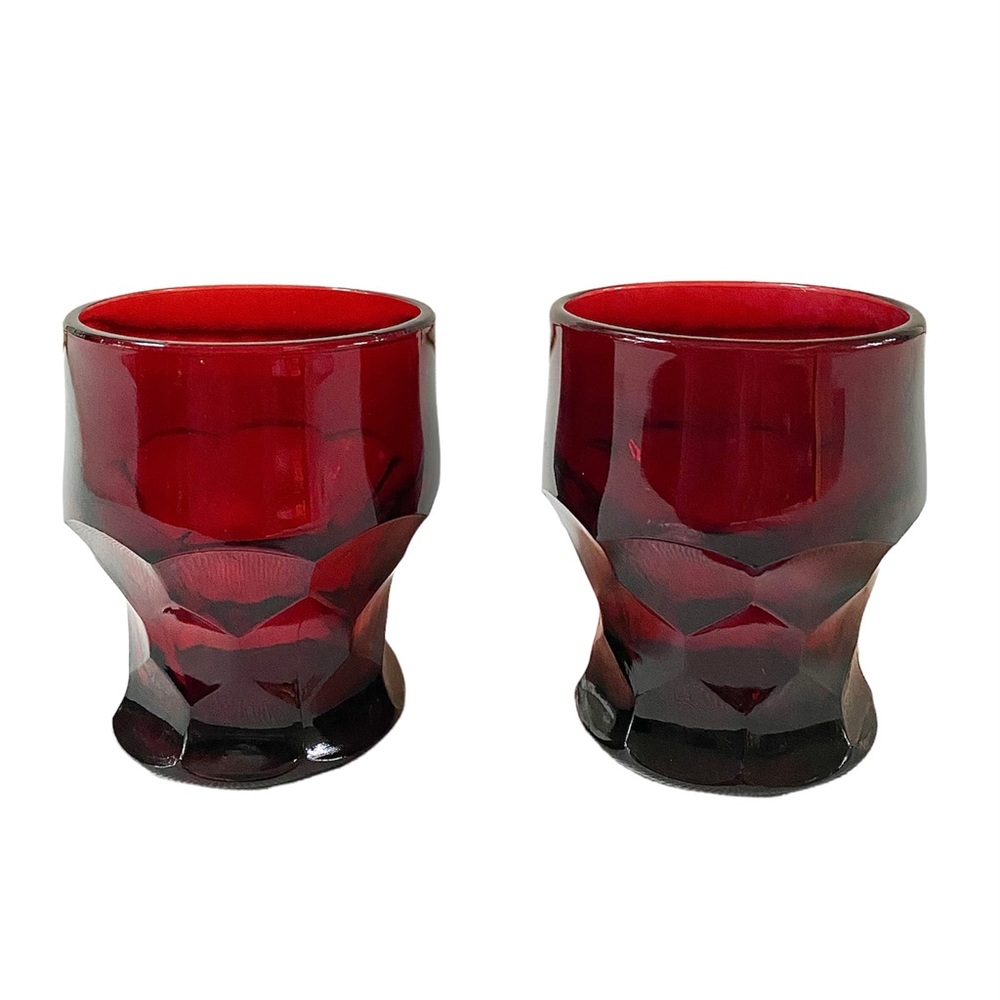 TWO VINTAGE VIKING RUBY RED GEORGIAN HONEYCOMB THUMBPRINT 5OZ GLASS TUMBLERS
